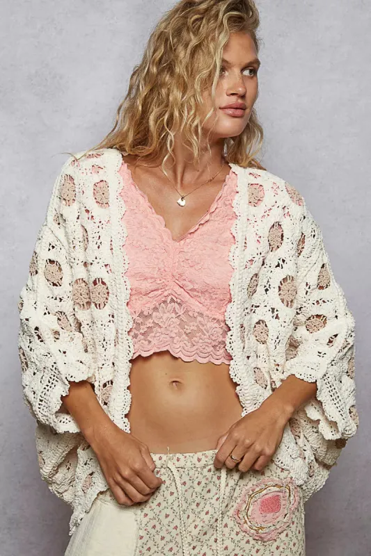 POL Openwork V-Neck Chenille Cardigan with Contrast Floral sold by Charming Charlie