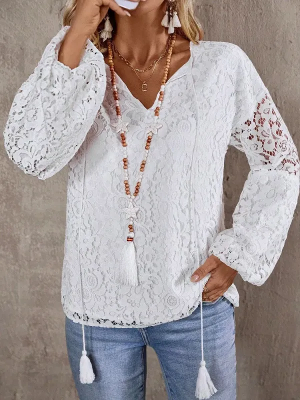Tassel Tie Neck Balloon Sleeve Lace Top sold by Charming Charlie