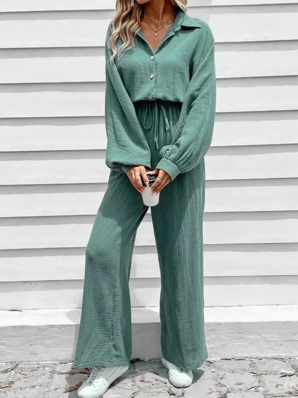 Button Front Wide Leg Jumpsuit sold by Charming Charlie