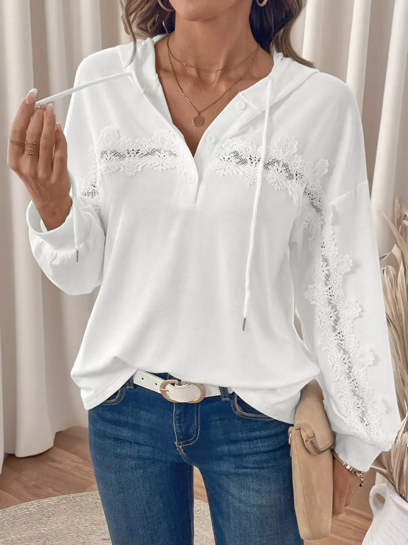 Lace Detail Long Sleeve Drawstring Hoodie sold by Charming Charlie product image thumbnail 5