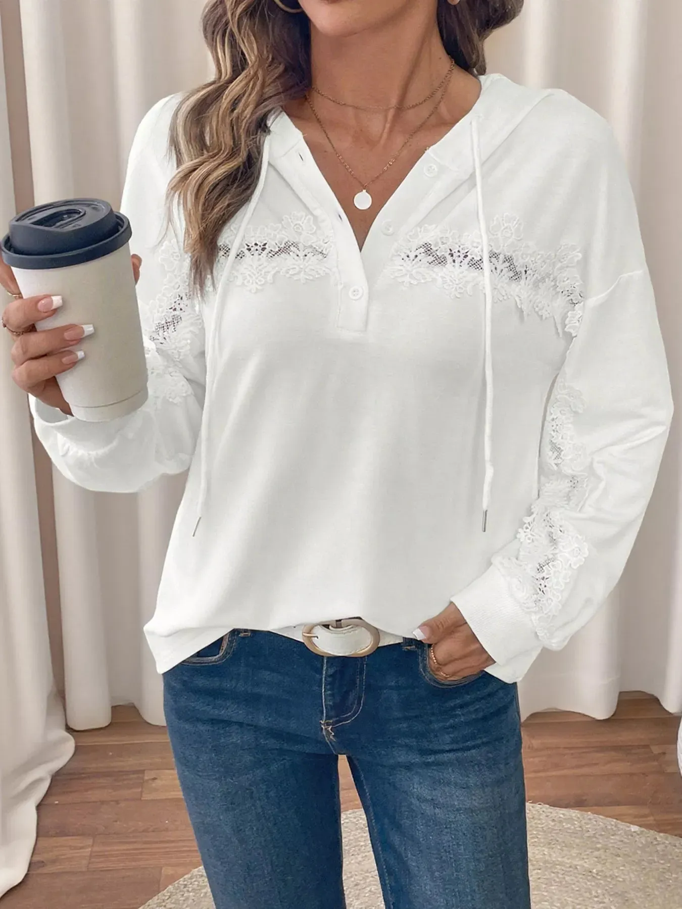 Lace Detail Long Sleeve Drawstring Hoodie sold by Charming Charlie product image thumbnail 3