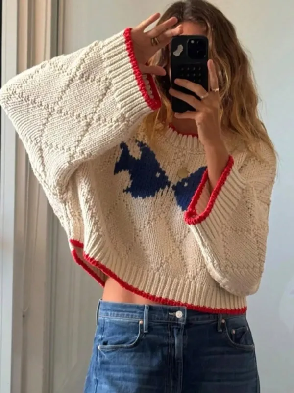 Fish Contrast Trim Round Neck Sweater sold by Charming Charlie