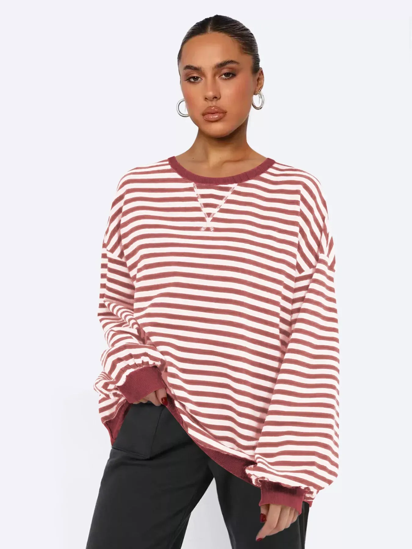 Striped Round Neck Long Sleeve Sweatshirt sold by Charming Charlie product image thumbnail 2