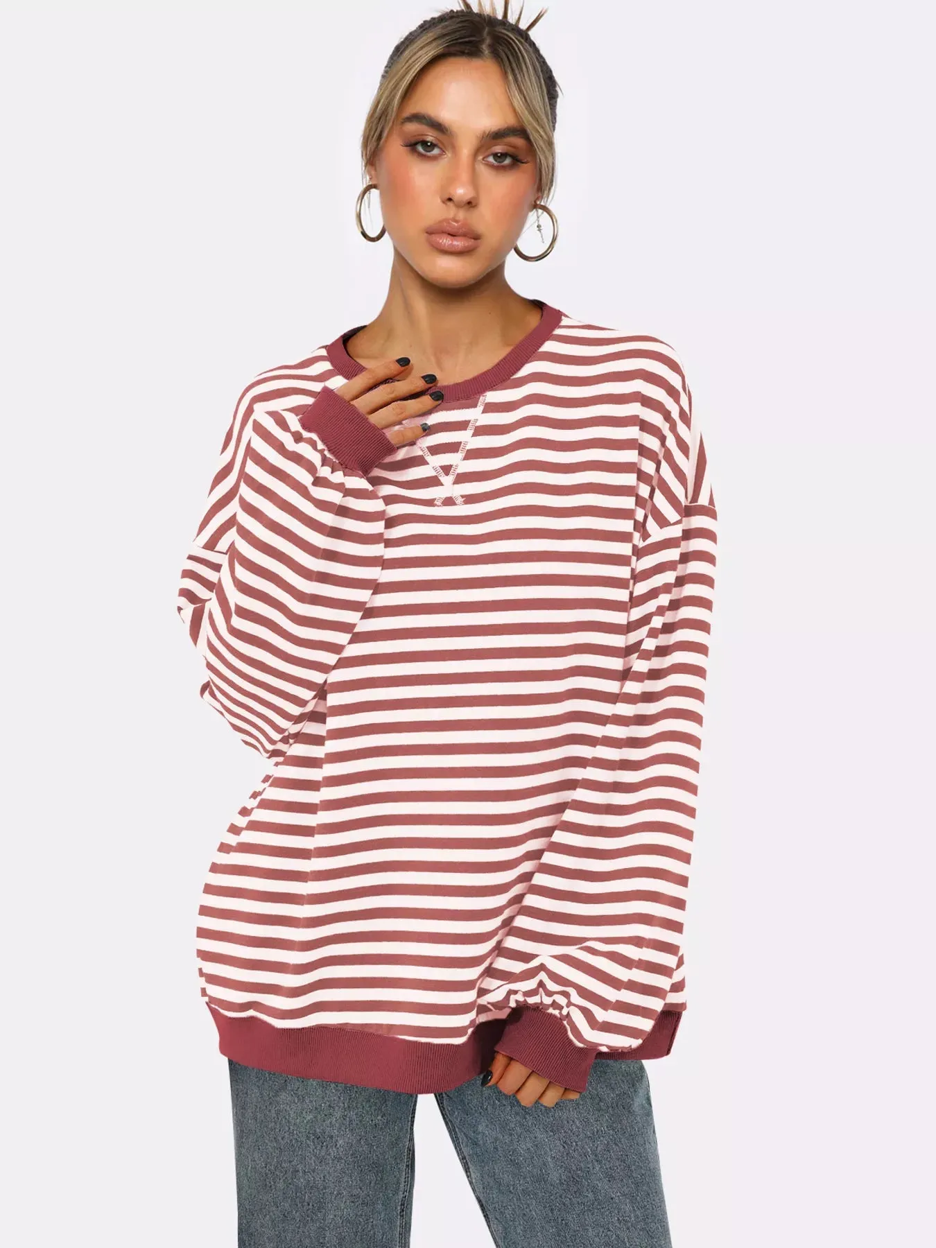 Striped Round Neck Long Sleeve Sweatshirt sold by Charming Charlie product image thumbnail 3