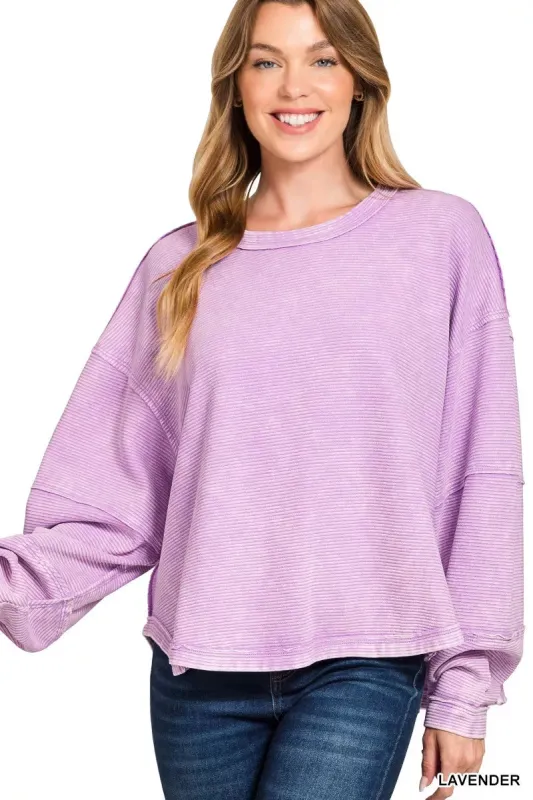 Zenana Acid Washed Exposed-Seam Sweatshirt sold by Charming Charlie
