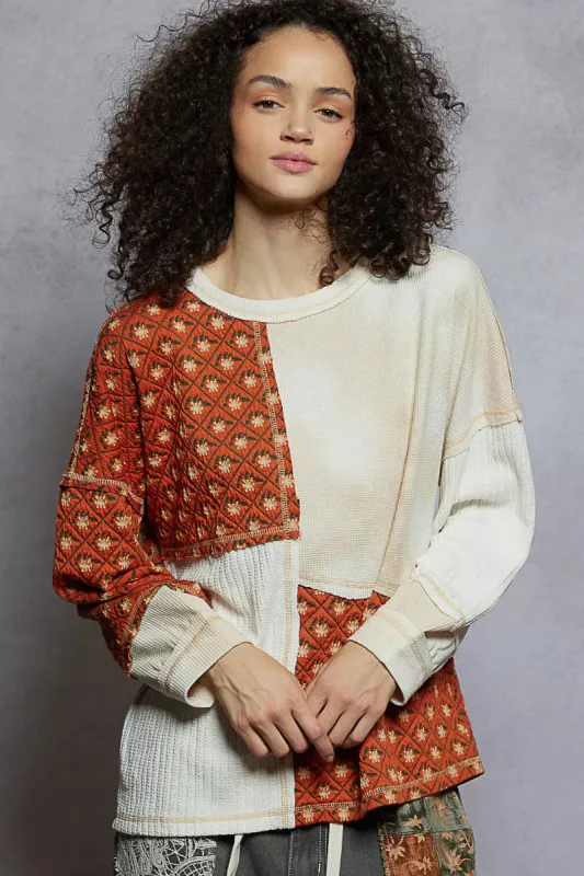 POL Contrast Patchwork Round Neck Long Sleeve Top sold by Charming Charlie