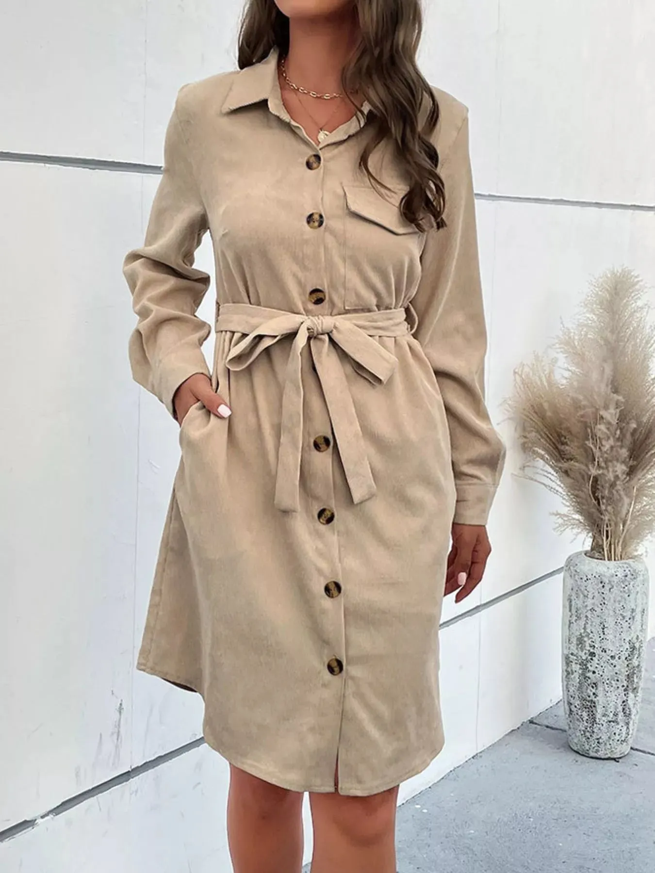 Button-Front Tie Waist Shirt Dress sold by Charming Charlie product image thumbnail 3
