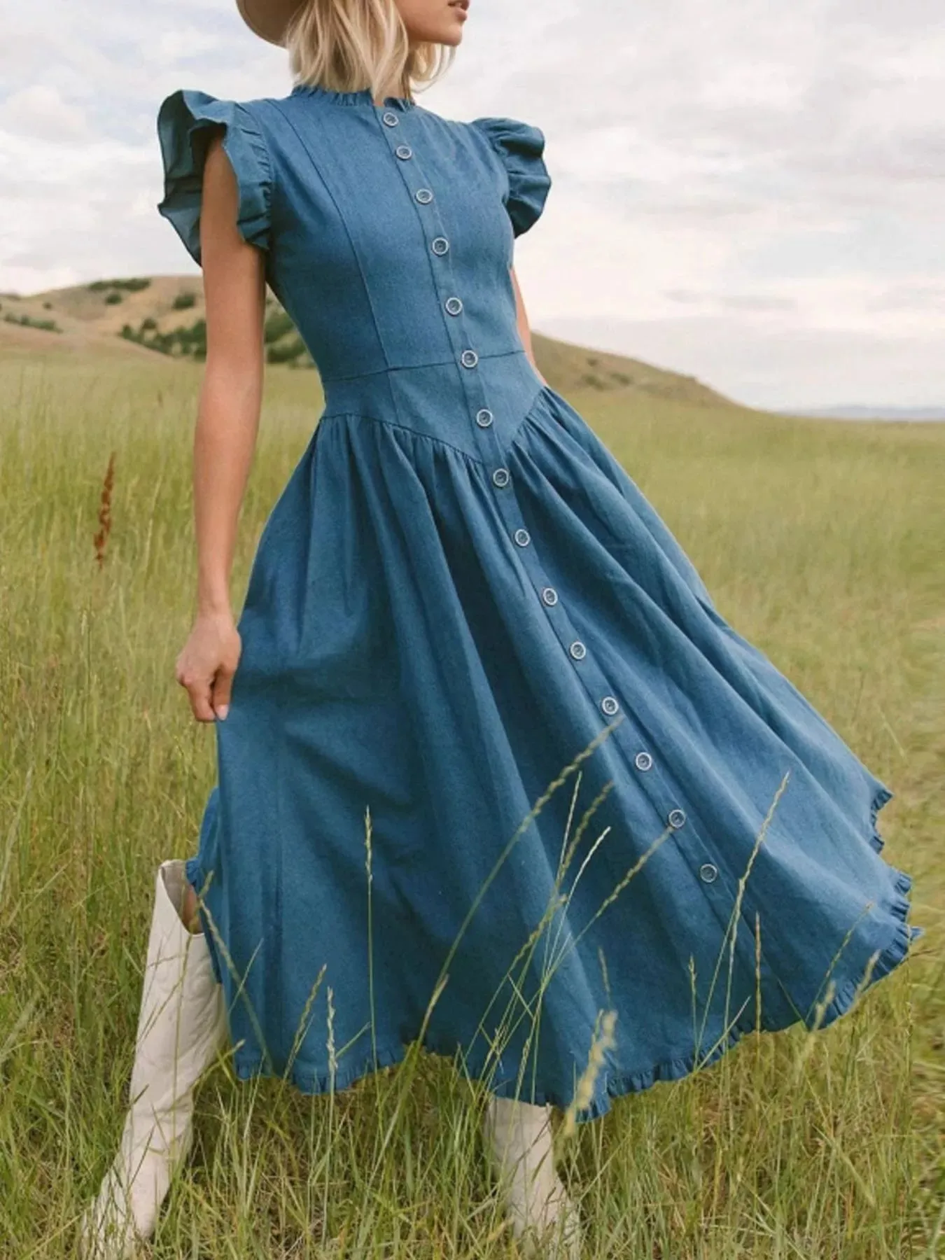 Ruffled Cap Sleeve Denim Dress sold by Charming Charlie