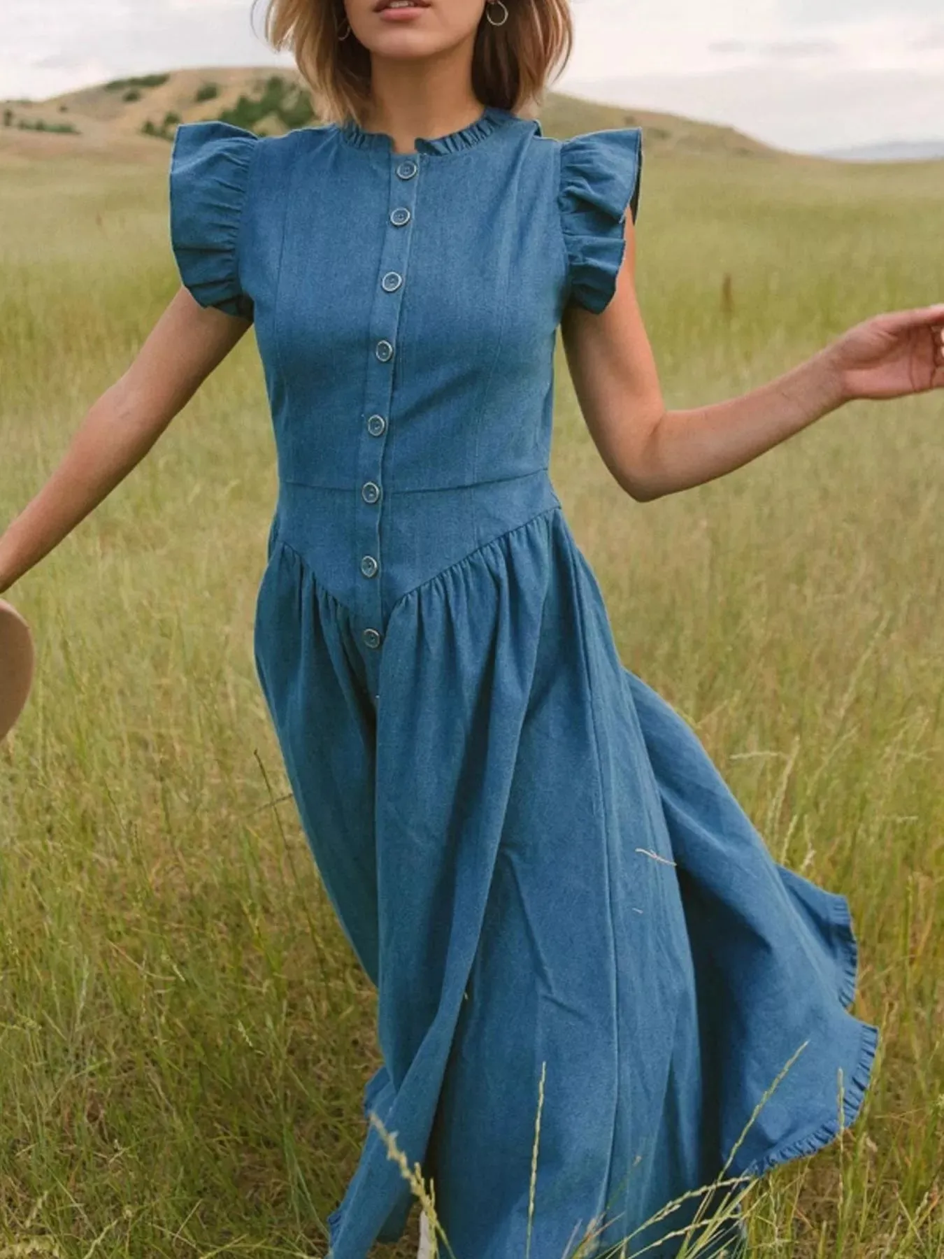 Ruffled Cap Sleeve Denim Dress sold by Charming Charlie product image thumbnail 2