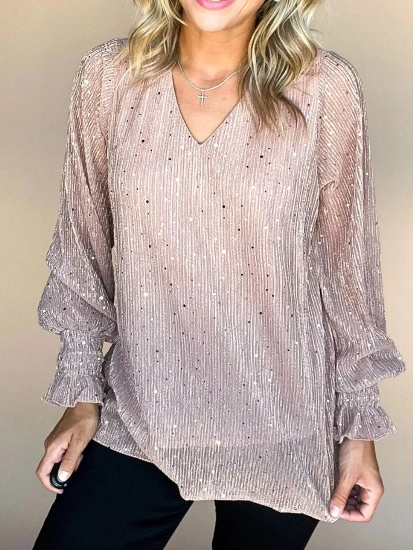 Sequin V-Neck Flounce Sleeve Blouse sold by Charming Charlie product image thumbnail 2