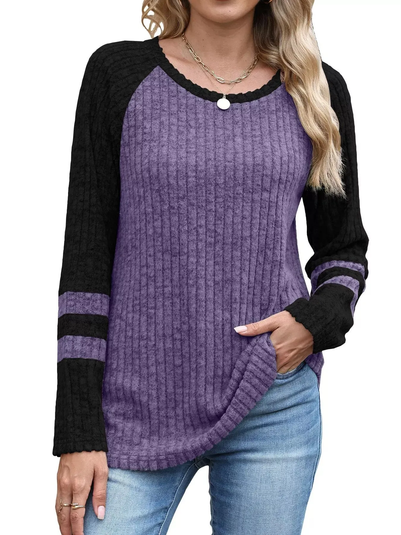 Ribbed Round Neck Raglan Sleeve Top sold by Charming Charlie product image thumbnail 5