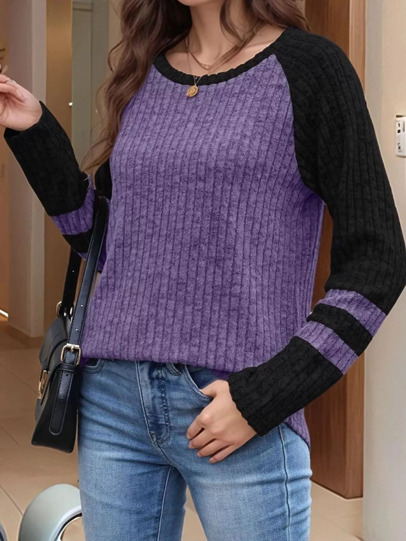 Ribbed Round Neck Raglan Sleeve Top sold by Charming Charlie product image thumbnail 4