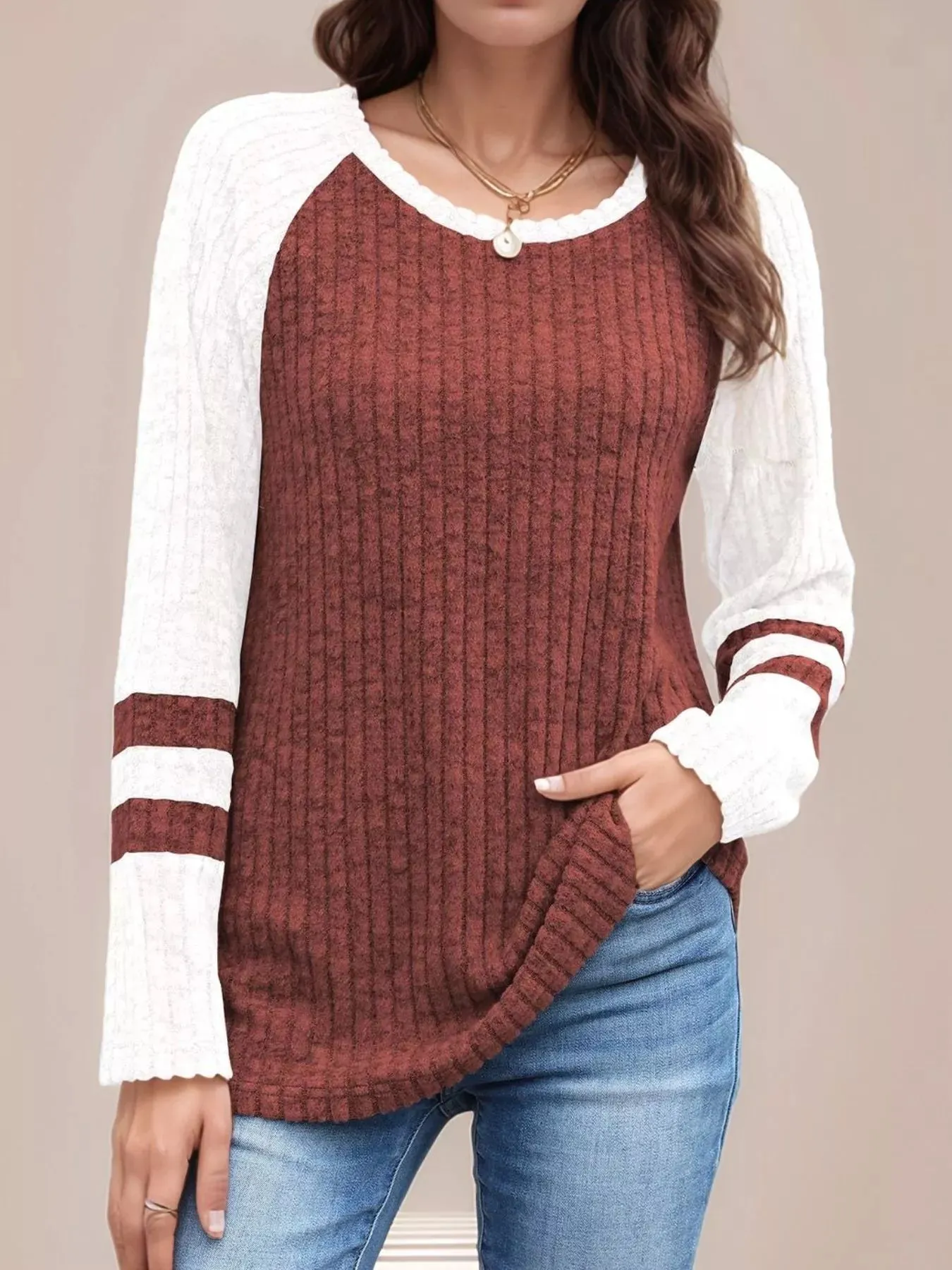 Ribbed Round Neck Raglan Sleeve Top sold by Charming Charlie