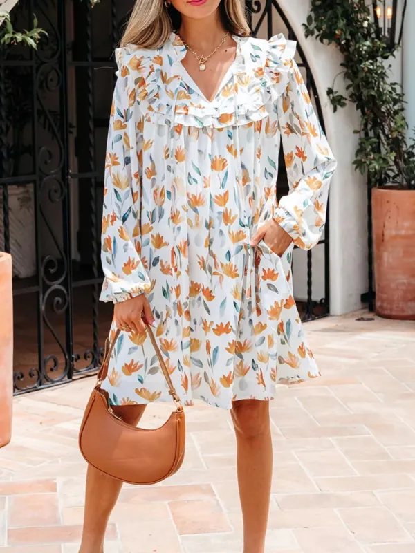 Floral Print Tie Neck Frilled Detail Long Sleeve Mini Dress sold by Charming Charlie