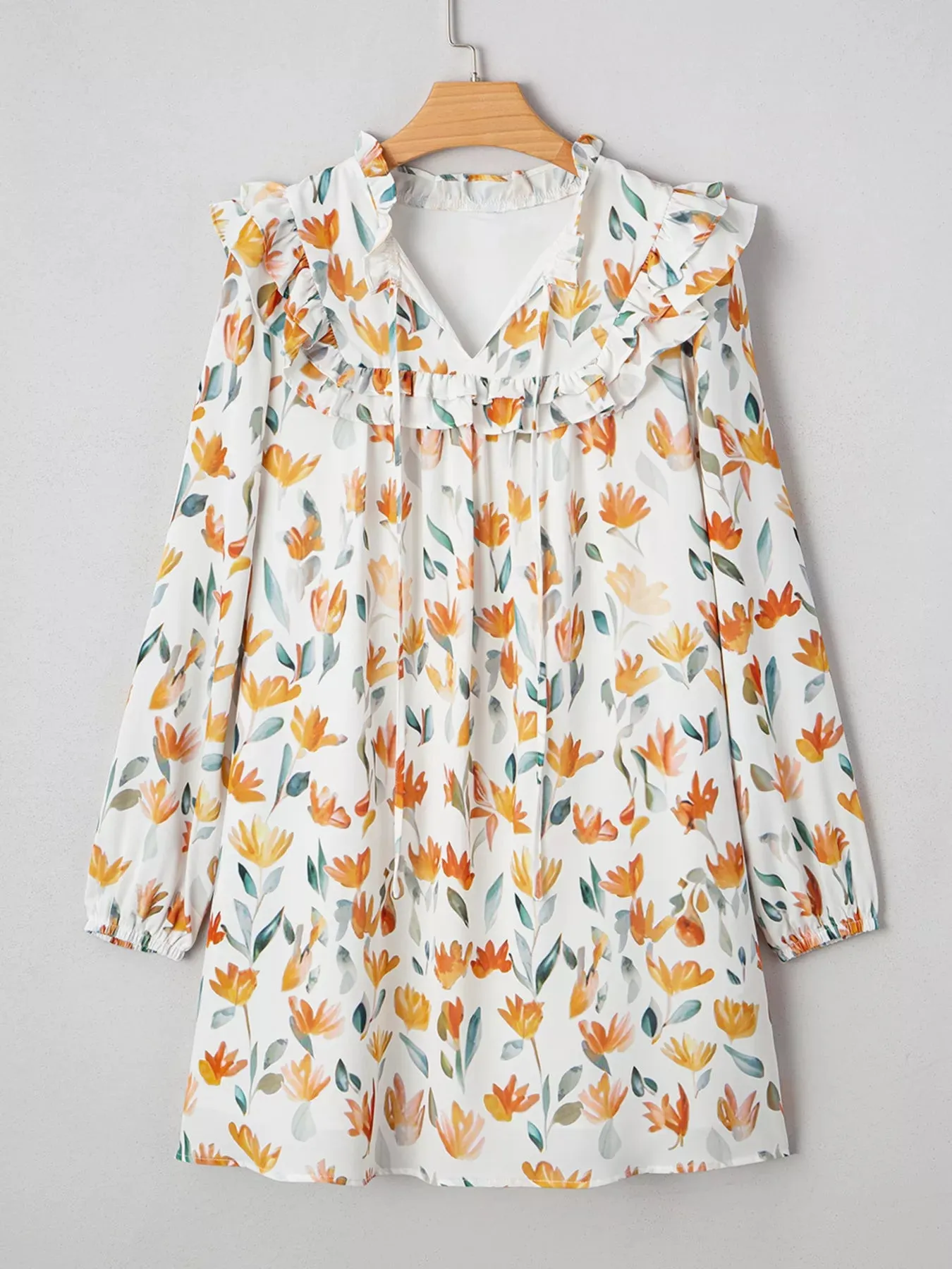 Floral Print Tie Neck Frilled Detail Long Sleeve Mini Dress sold by Charming Charlie product image thumbnail 5