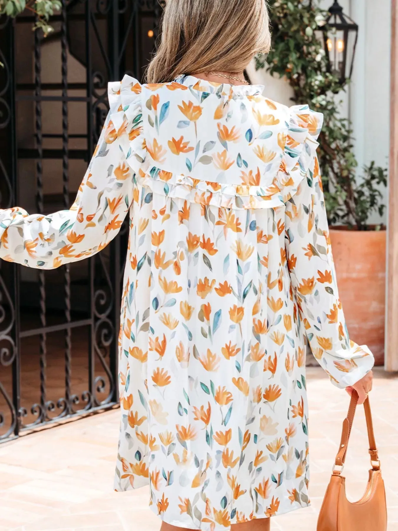Floral Print Tie Neck Frilled Detail Long Sleeve Mini Dress sold by Charming Charlie product image thumbnail 2