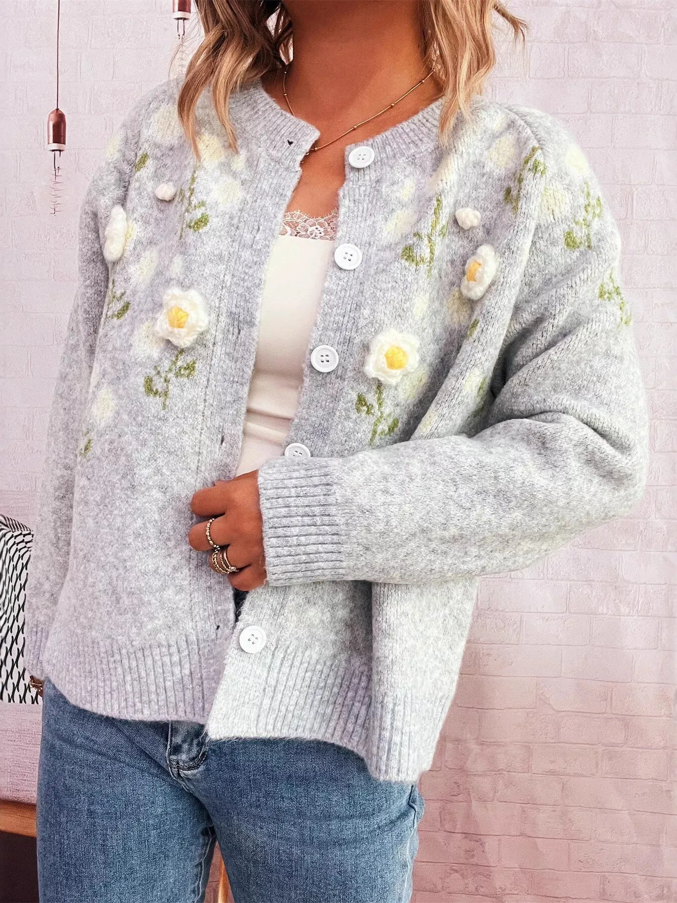 Flower Button Up Long Sleeve Cardigan sold by Charming Charlie product image thumbnail 2
