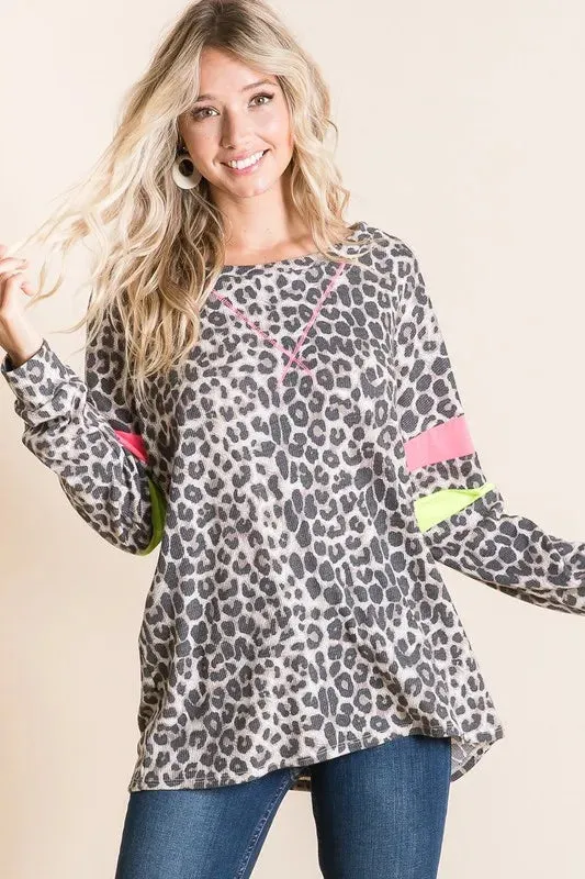 BiBi Leopard Thermal Top with Contrast Color Block sold by Charming Charlie