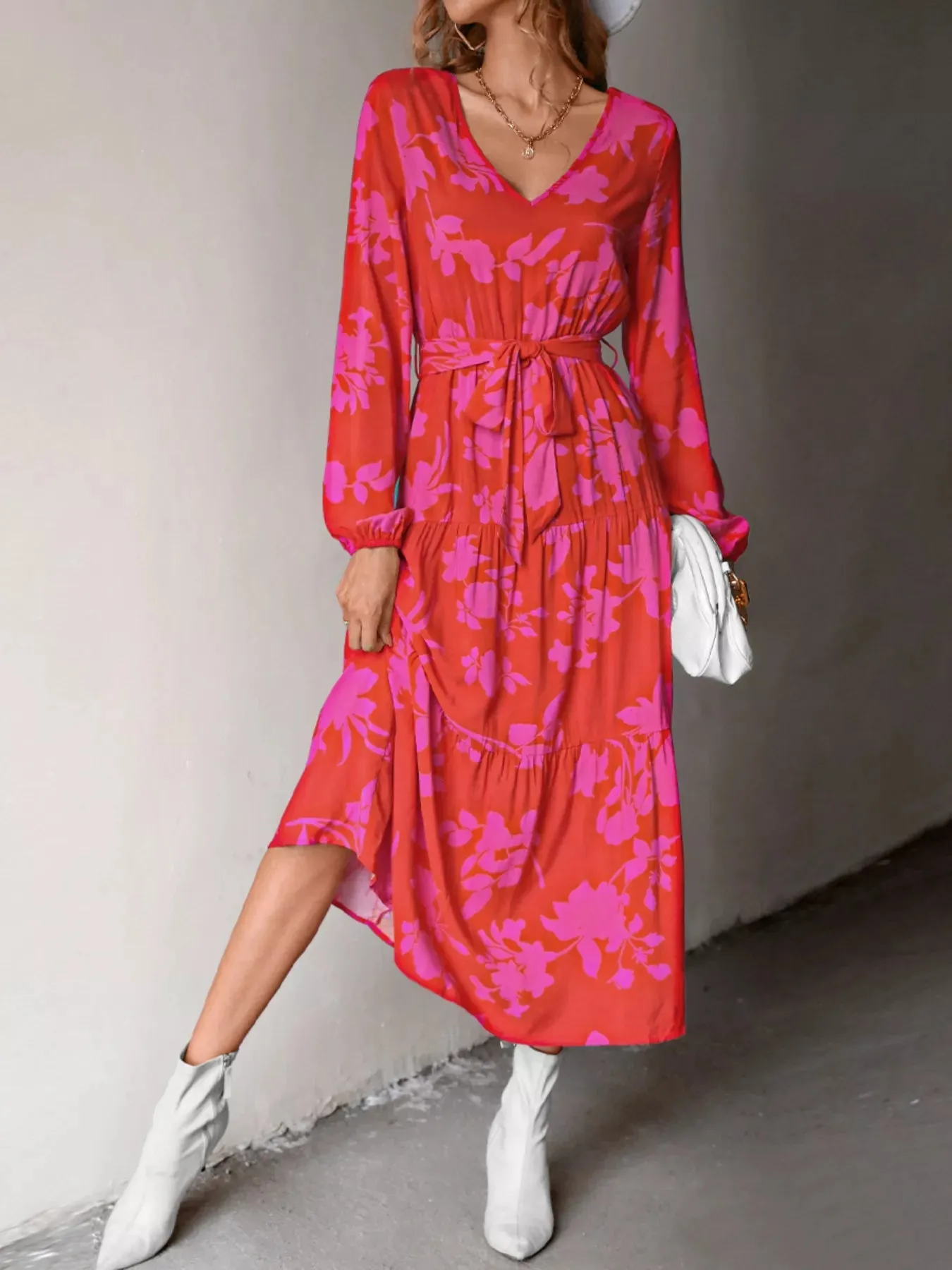 Printed V-Neck Balloon Sleeve Dress sold by Charming Charlie