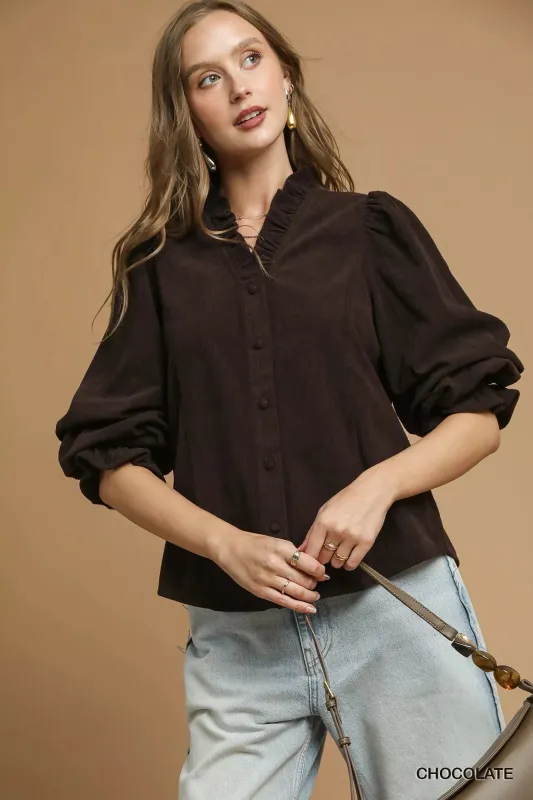 Umgee Corduroy Ruffle Shirt with Long Puff Sleeves sold by Charming Charlie