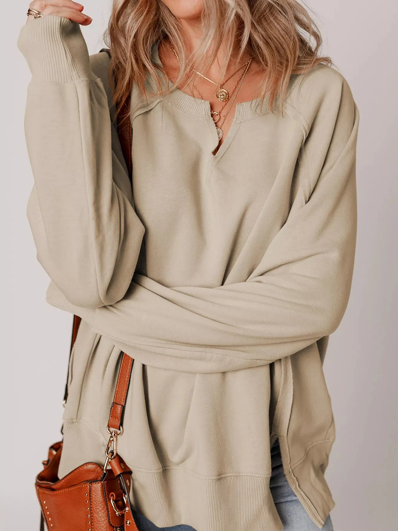 Raw Edge Exposed Seam Raglan Sleeve Side Slit Sweatshirt sold by Charming Charlie product image thumbnail 4