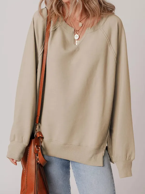Raw Edge Exposed Seam Raglan Sleeve Side Slit Sweatshirt sold by Charming Charlie