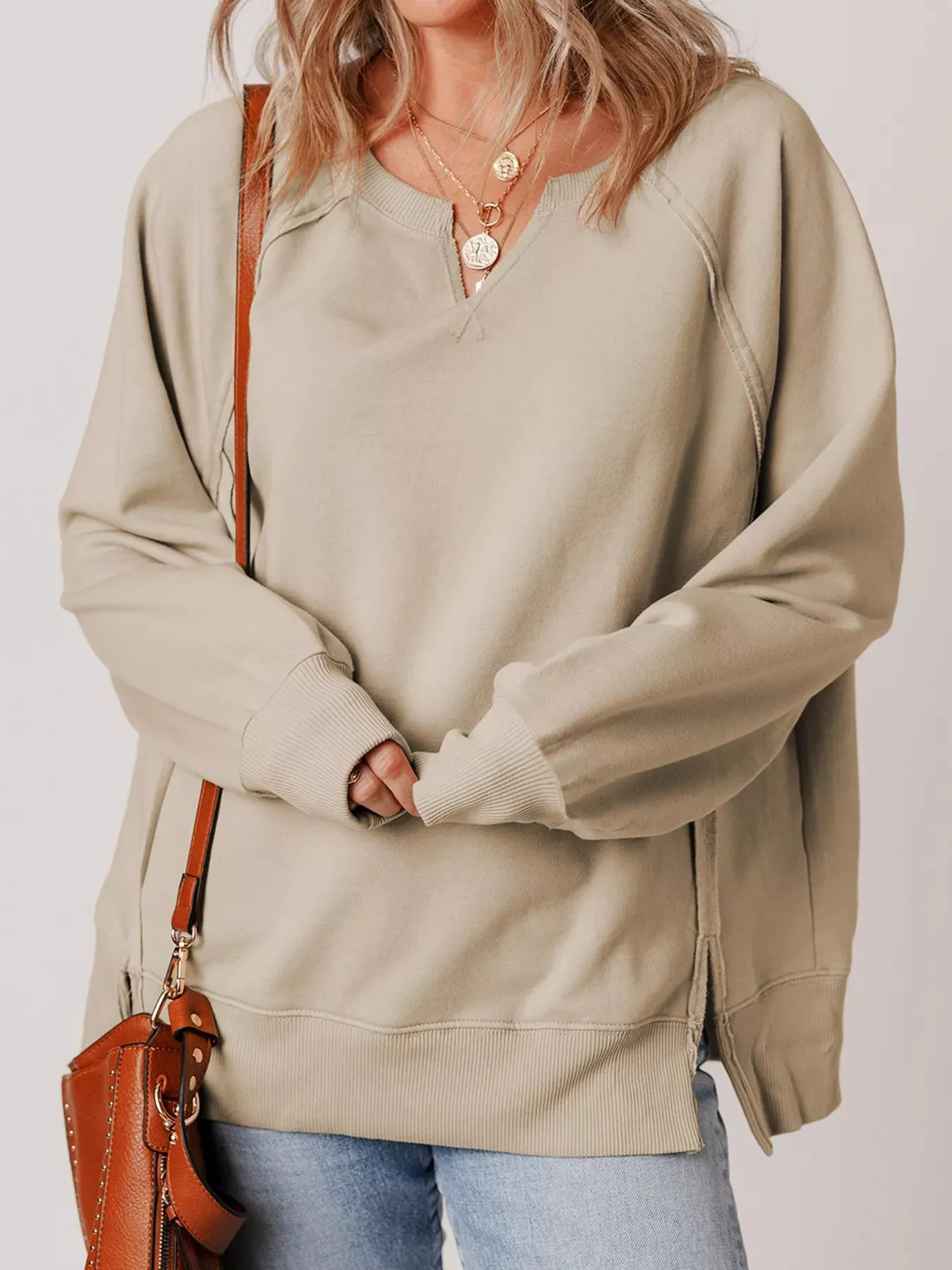 Raw Edge Exposed Seam Raglan Sleeve Side Slit Sweatshirt sold by Charming Charlie product image thumbnail 5