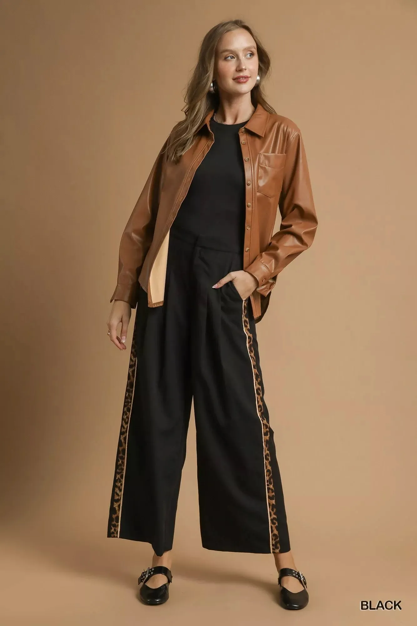 Umgee Front Pleated Wide-Leg Pants with Contrast Trim sold by Charming Charlie product image thumbnail 4