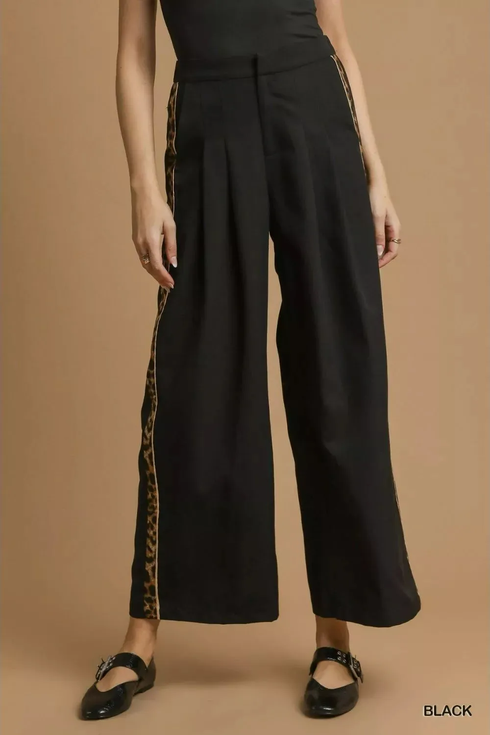 Umgee Front Pleated Wide-Leg Pants with Contrast Trim sold by Charming Charlie