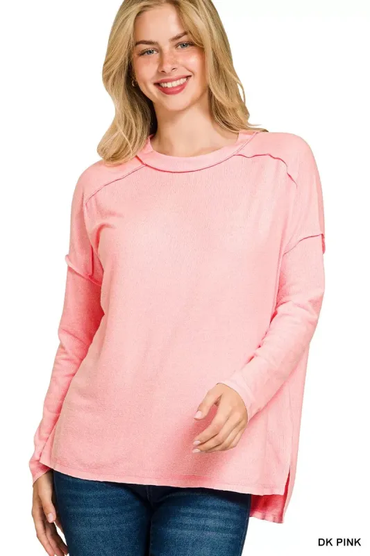 Zenana Full Size Melange Hacci Exposed Seam Hi-low Tee Plus Size sold by Charming Charlie