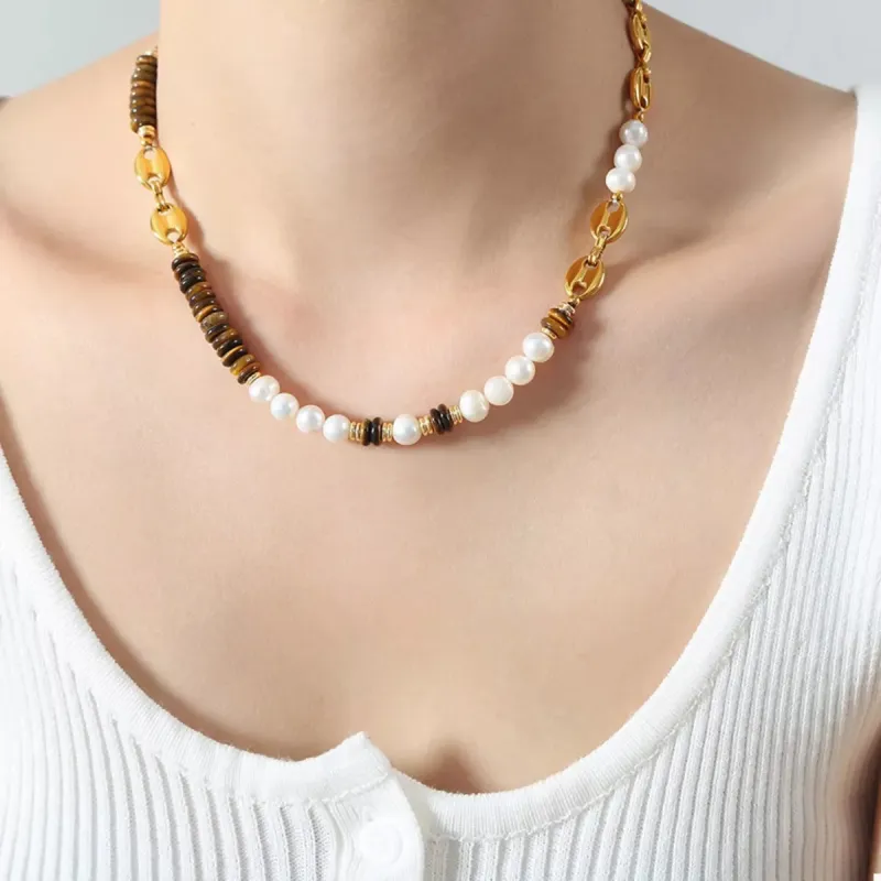 Tiger's Eye Freshwater Pearl 18K Gold-Plated Bead Necklace sold by Charming Charlie