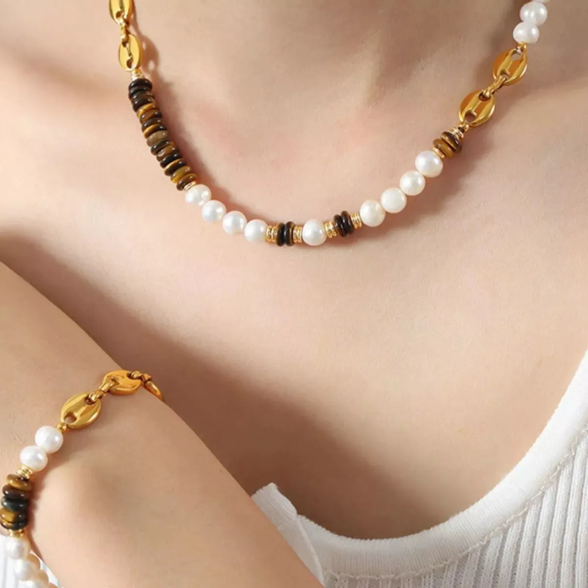 Tiger's Eye Freshwater Pearl 18K Gold-Plated Bead Necklace sold by Charming Charlie product image thumbnail 2