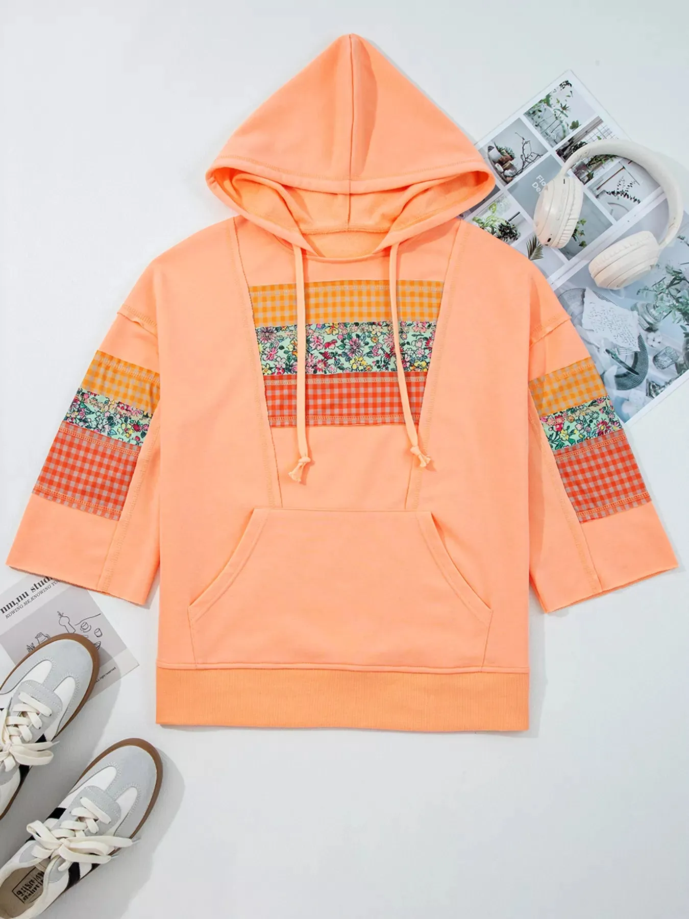 Plaid Floral Patchwork Kangaroo Pocket Hoodie sold by Charming Charlie product image thumbnail 3