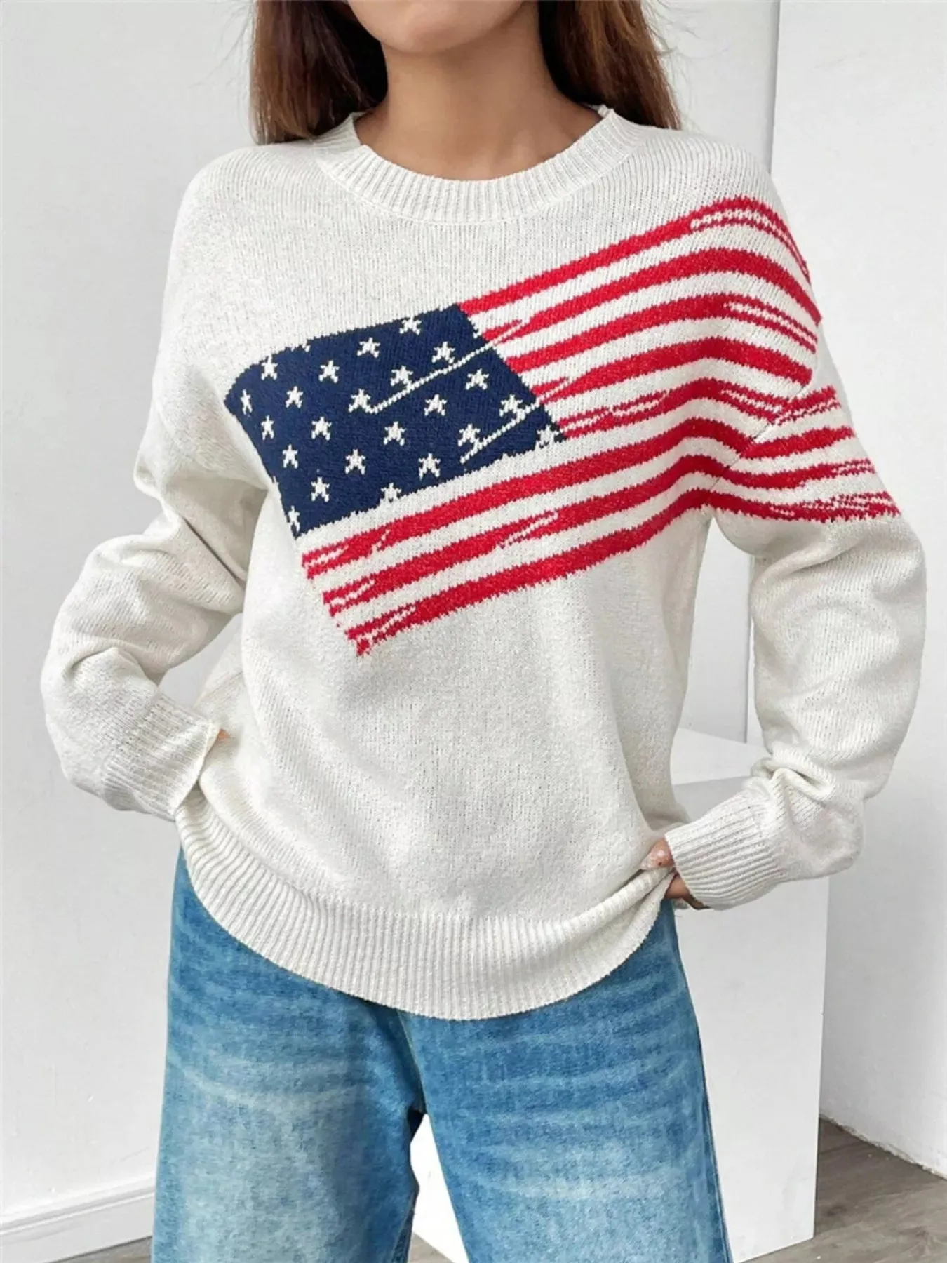 US Flag Round Neck Long Sleeve Sweater sold by Charming Charlie