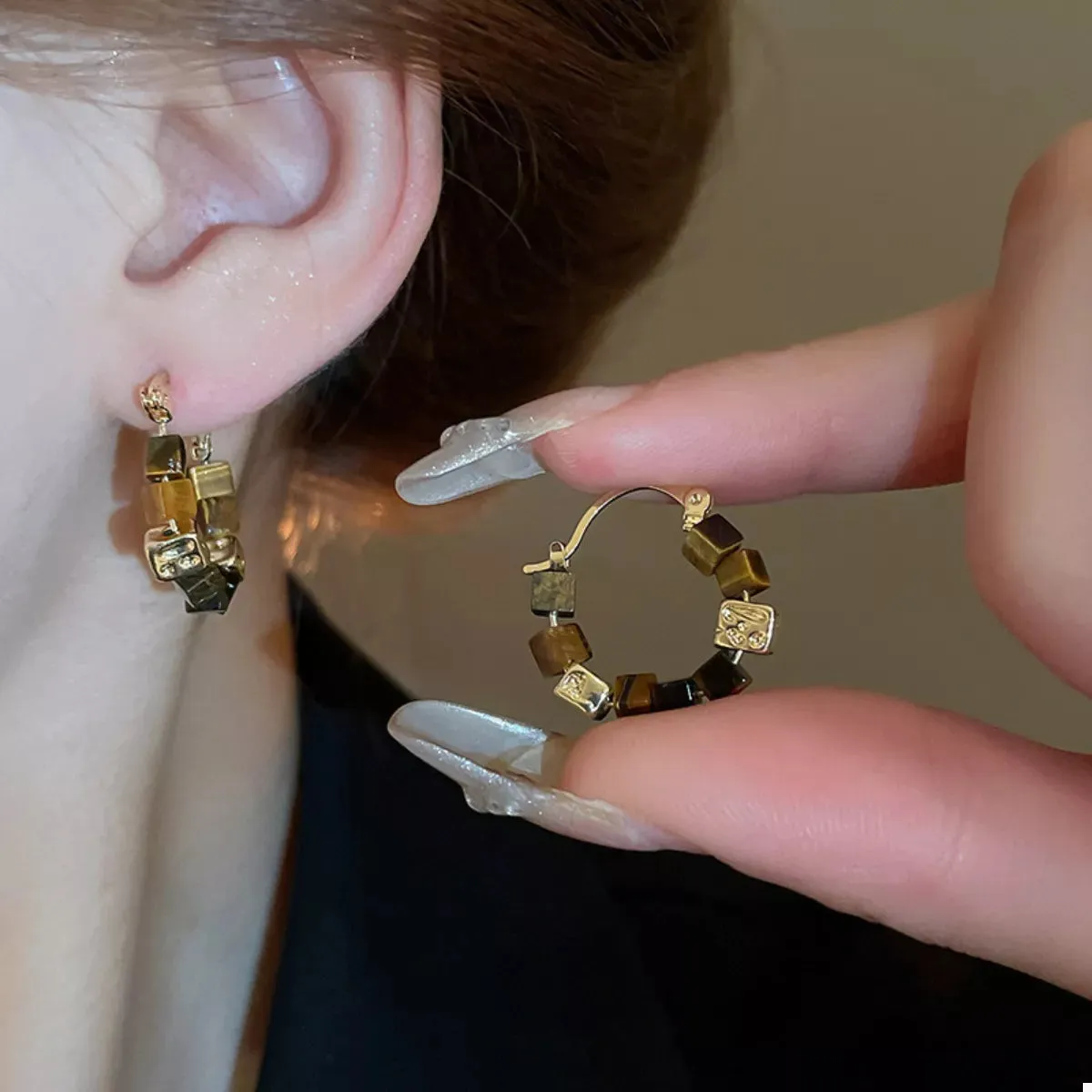 Tiger's Eye 18K Gold-Plated Copper Geometric Earrings sold by Charming Charlie