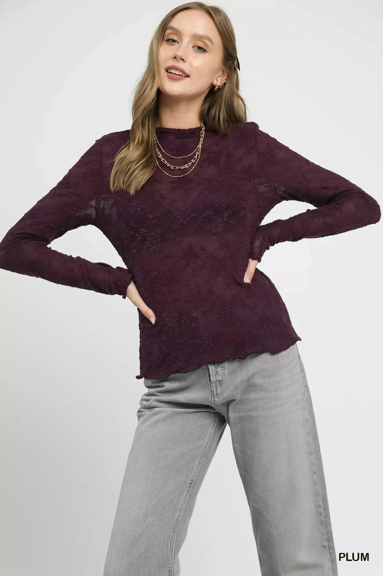 Umgee Lace Sheer Long Sleeve Top sold by Charming Charlie