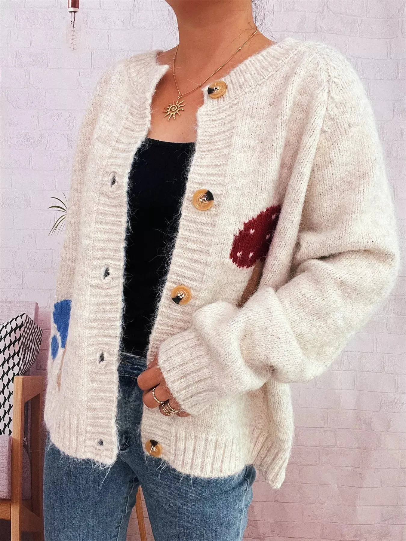 Mushroom Pattern Button-Up Cozy Knit Cardigan sold by Charming Charlie product image thumbnail 5