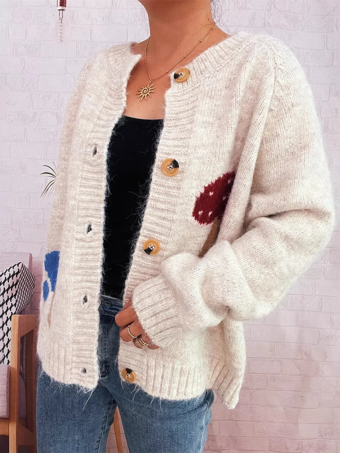 Mushroom Pattern Button-Up Cozy Knit Cardigan sold by Charming Charlie product image thumbnail 2