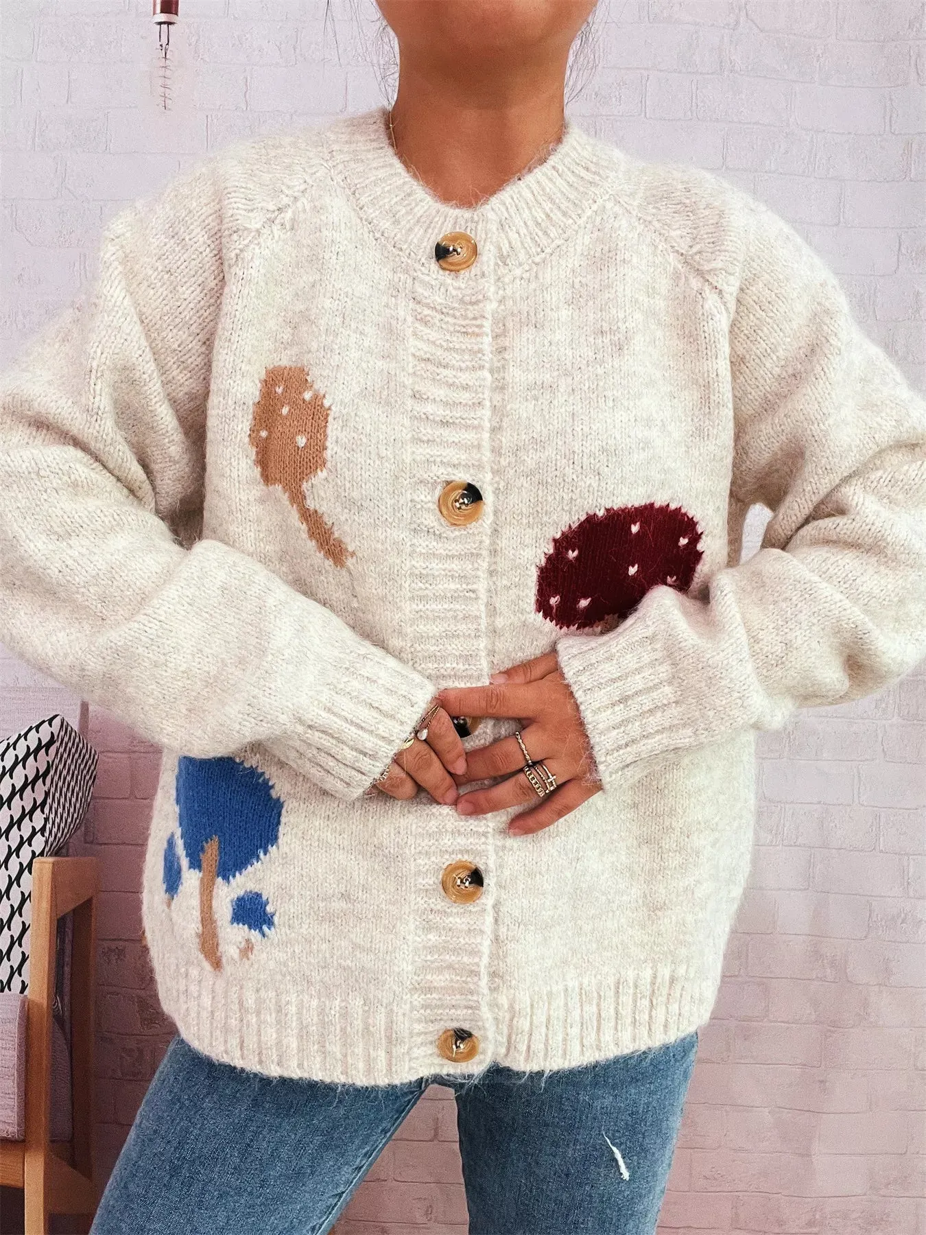Mushroom Pattern Button-Up Cozy Knit Cardigan sold by Charming Charlie product image thumbnail 3