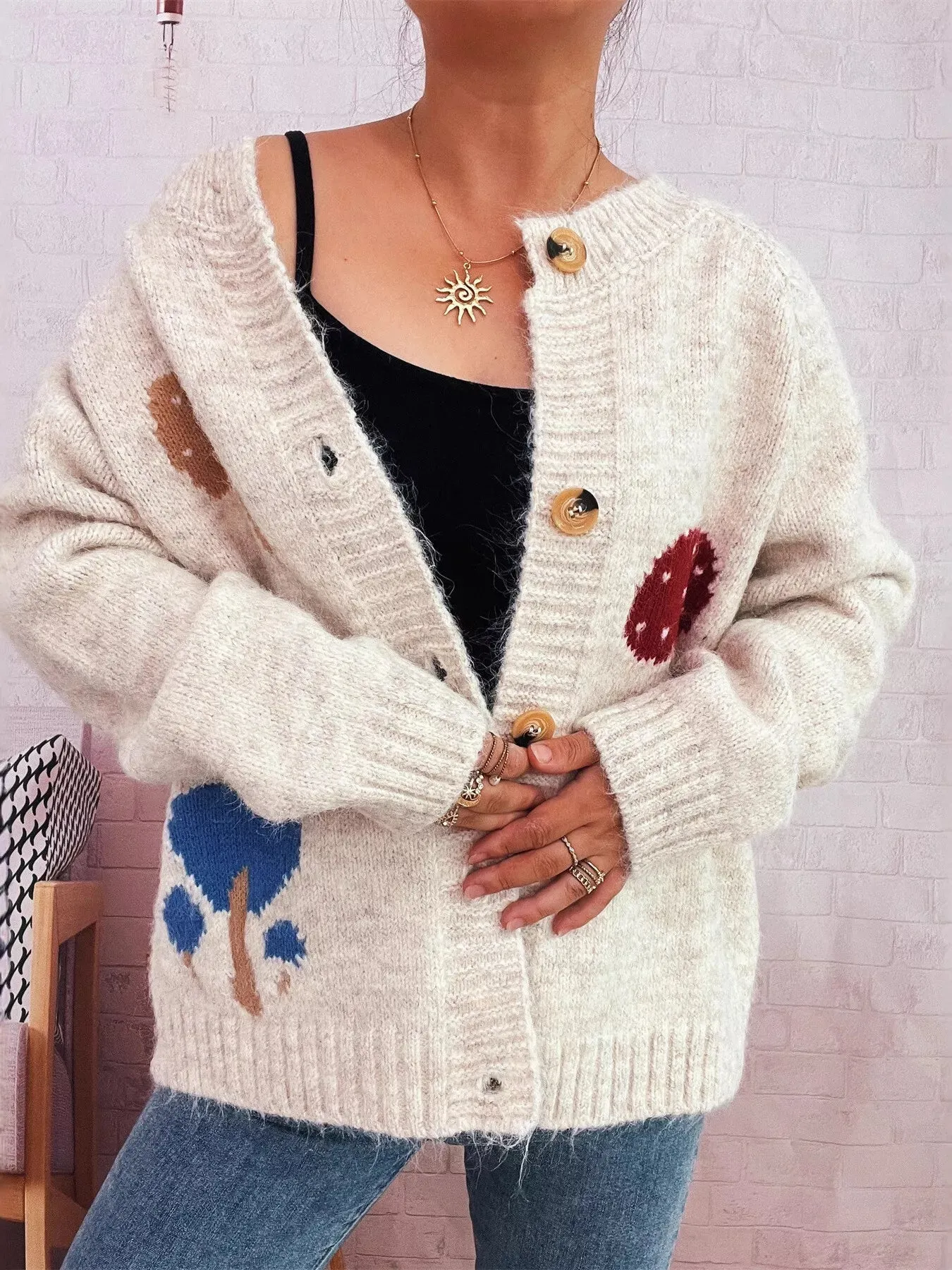 Mushroom Pattern Button-Up Cozy Knit Cardigan sold by Charming Charlie product image thumbnail 4