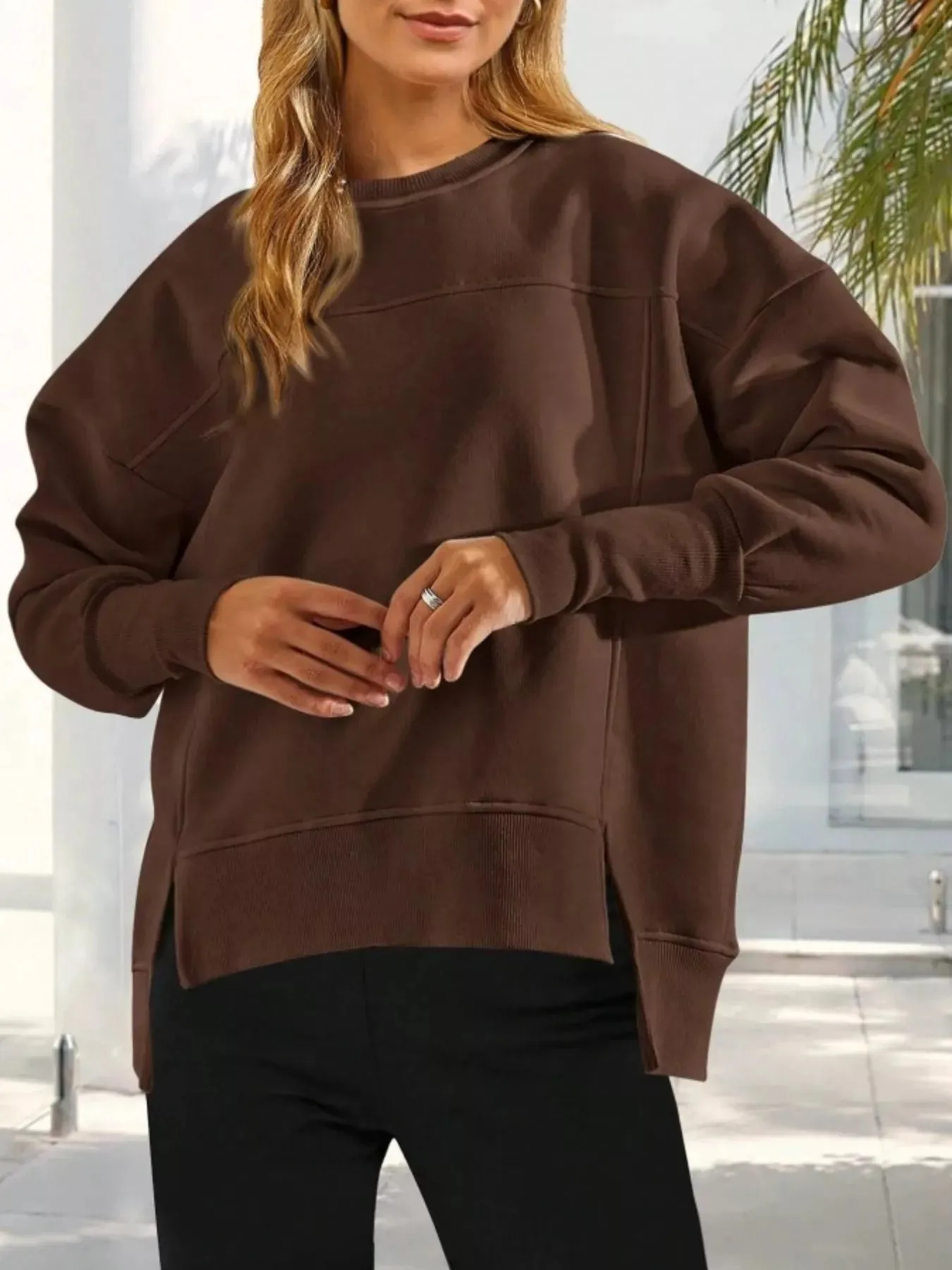 Slit Round Neck Dropped Shoulder Sweatshirt sold by Charming Charlie product image thumbnail 4