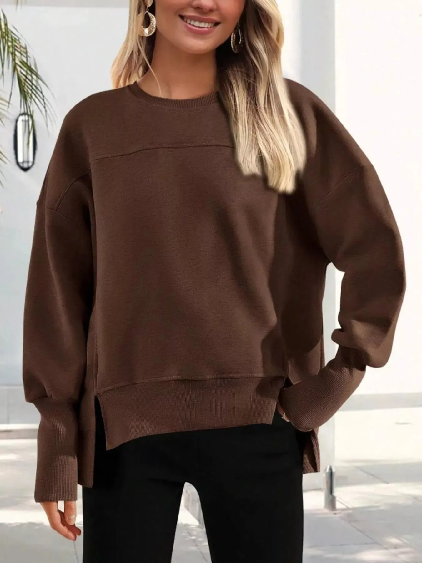Slit Round Neck Dropped Shoulder Sweatshirt sold by Charming Charlie product image thumbnail 3