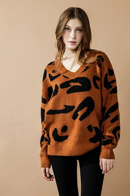 Plus Fuzzy Mohair Jacquard V-Neck Leopard Sweater sold by Charming Charlie