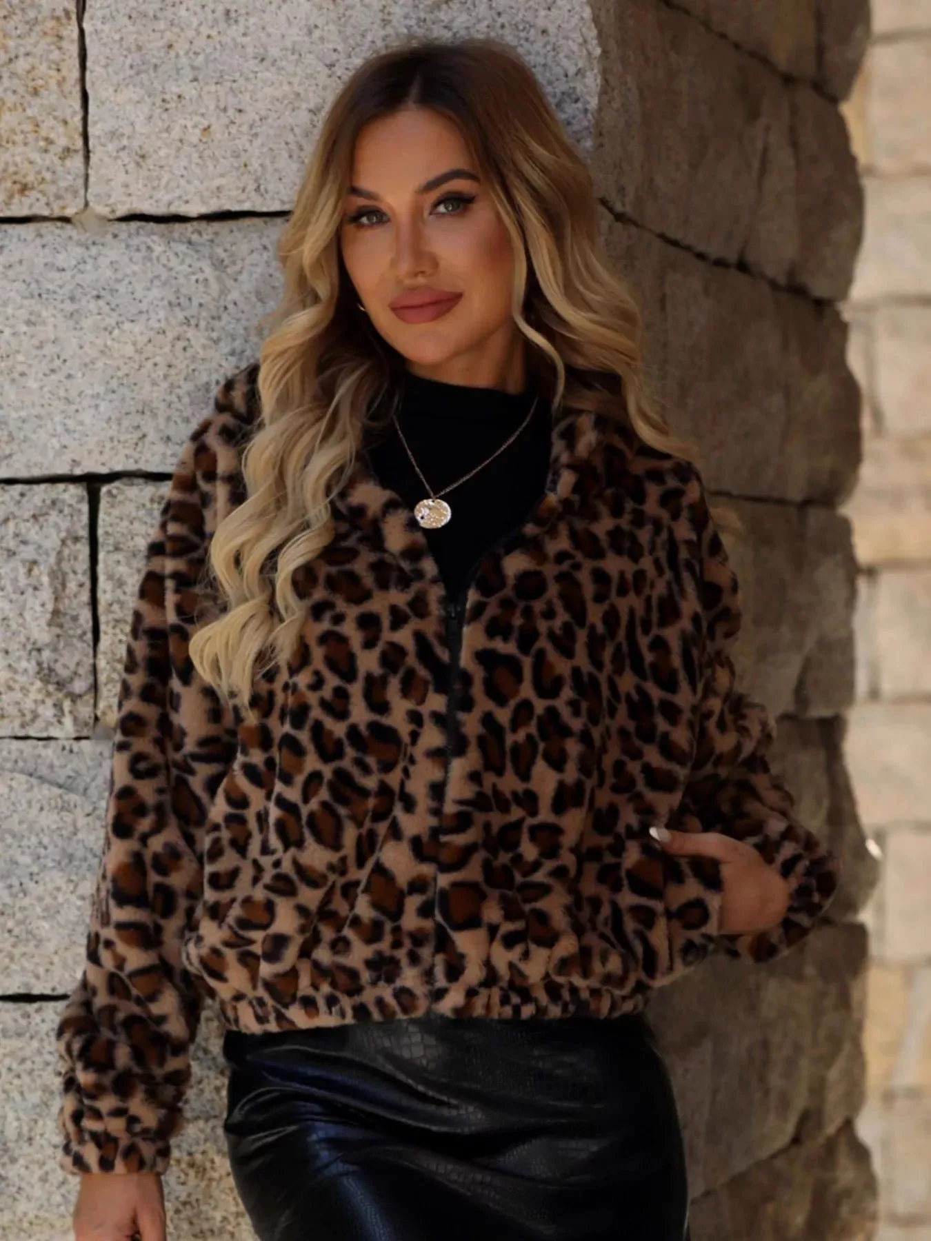 Leopard Zip Up Hooded Outerwear sold by Charming Charlie product image thumbnail 3