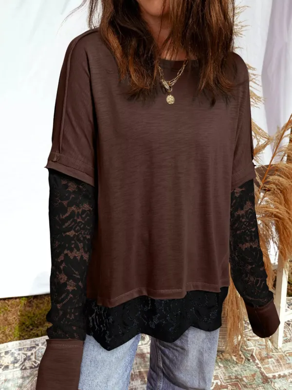 Sheer Lace Patchwork Casual Long Sleeve Top sold by Charming Charlie