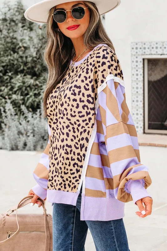 Leopard Stripe Colorblock Patchwork Sweatshirt sold by Charming Charlie product image thumbnail 3