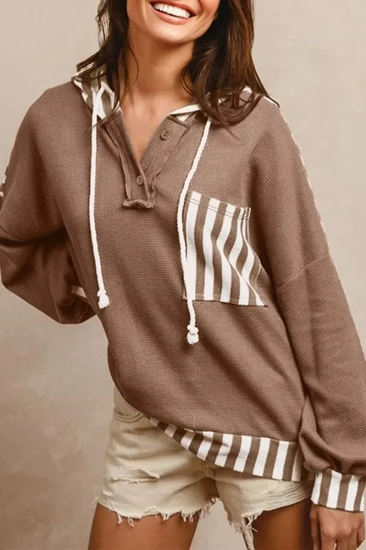 Stripe Patchwork Waffle Knit Buttoned Hoodie sold by Charming Charlie