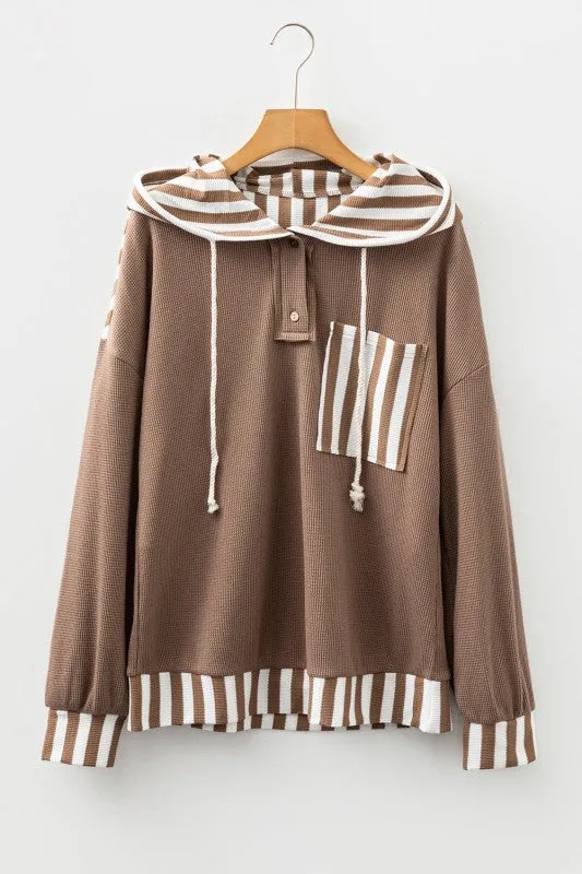 Stripe Patchwork Waffle Knit Buttoned Hoodie sold by Charming Charlie product image thumbnail 2