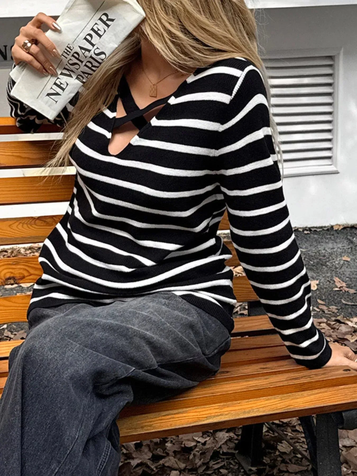Striped Cross Front Long Sleeve Knit Top sold by Charming Charlie product image thumbnail 4