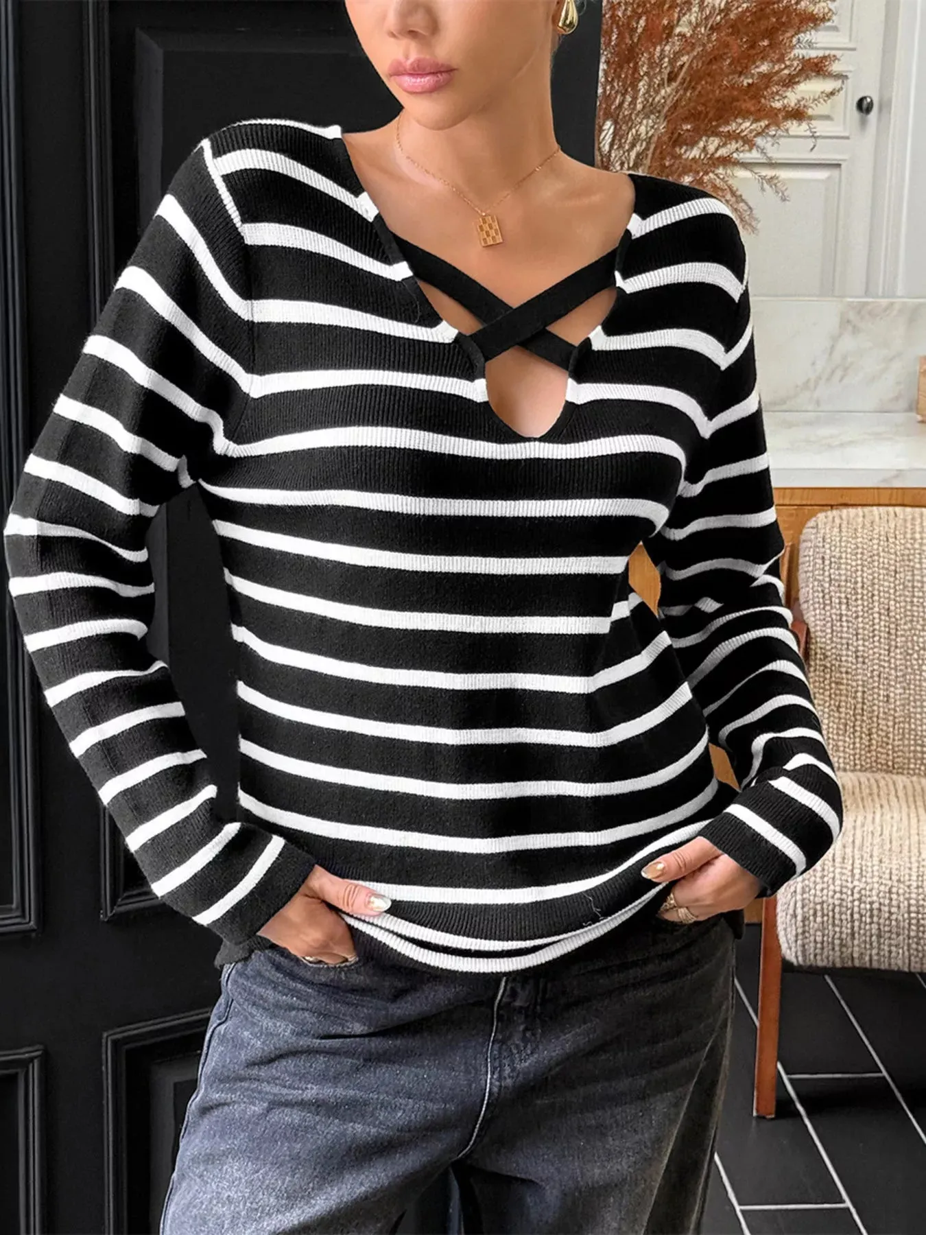 Striped Cross Front Long Sleeve Knit Top sold by Charming Charlie product image thumbnail 2